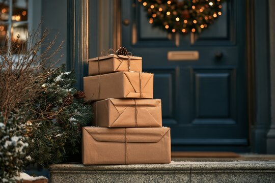 Stack of Christmas delivery parcels wrapped in kraft paper outside a festive decorated front door