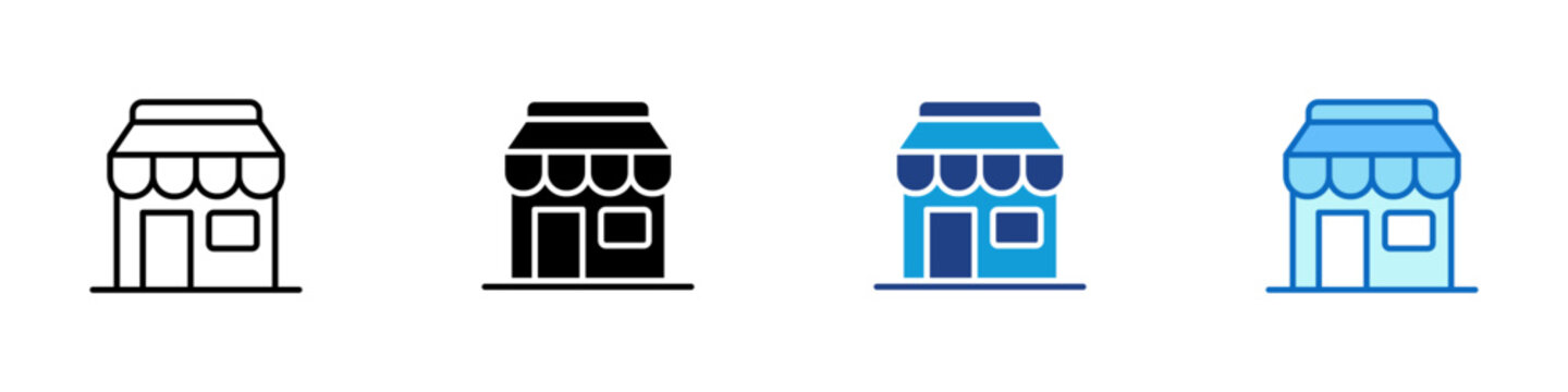 Small Business Storefront Multiple Style Icon Design Vector - Storefront with striped awning representing retail shop, small business, and local market commerce