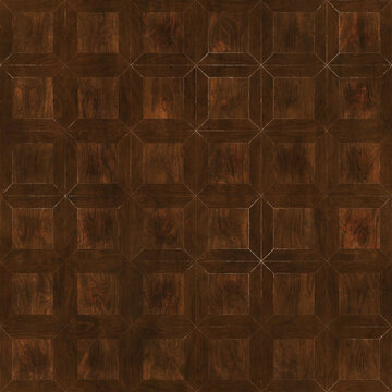 Seamless PBR texture of dark mahogany wood parquet flooring with geometric Versailles tile pattern design