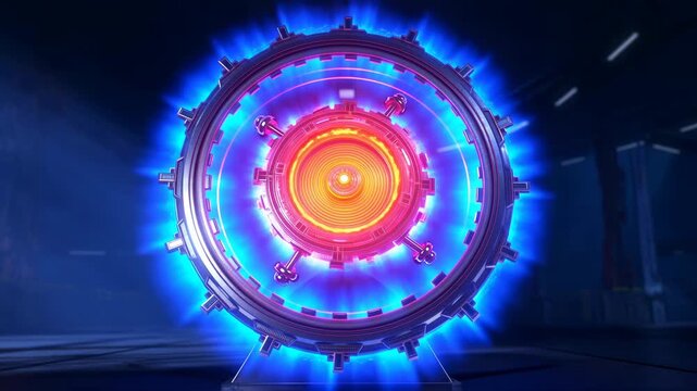 Futuristic energy reactor pulses inside a dark industrial facility. Energy industry presentations, engineering education, and science and technology explainers.