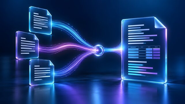 Glass document icons merging into single glowing digital report representing data aggregation and automated workflow