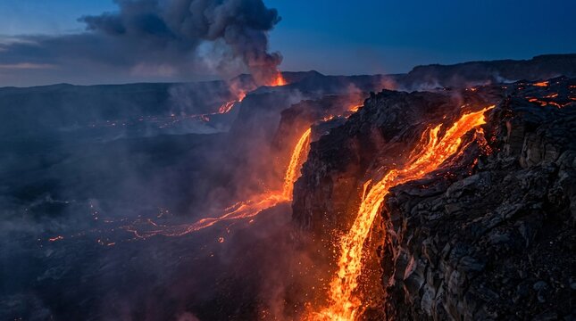 Spectacular glowing molten lava streams cascading over rugged dark volcanic cliffs into a steaming misty valley at deep blue twilight