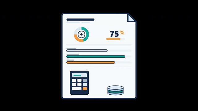 Minimalist 2D flat vector animation illustrating budget planning, financial allocation, expense management, and money distribution. Features a financial document containing a circular allocation chart