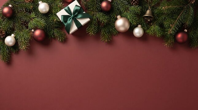 Christmas gift box with pine branches and ornaments on a dark red background