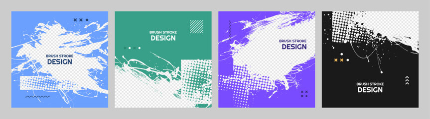 Plakat Vector illustration. Square banner templates set. Hand drawn white paint brush strokes on colorful backgrounds. Plain frames with copy space. Design for poster, cover, flyer, invitation, social media.