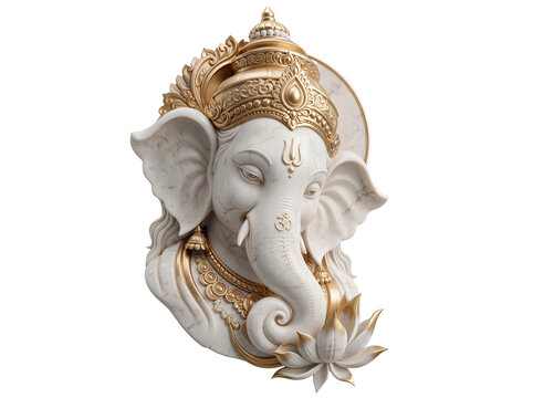 Hindu Lord Ganesha white marble idol with gold crown. Divine elephant god statue with lotus flower for religious festival.