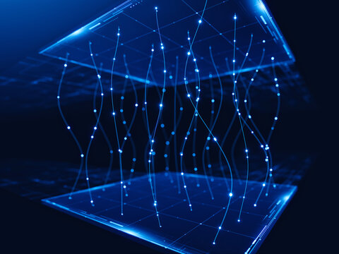 Neural network connections, Artificial intelligence, Big data, Data stream, Data processing and Digital network. 3d illustration
