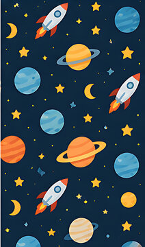 Cute outer space seamless pattern with planets, rockets, and stars background