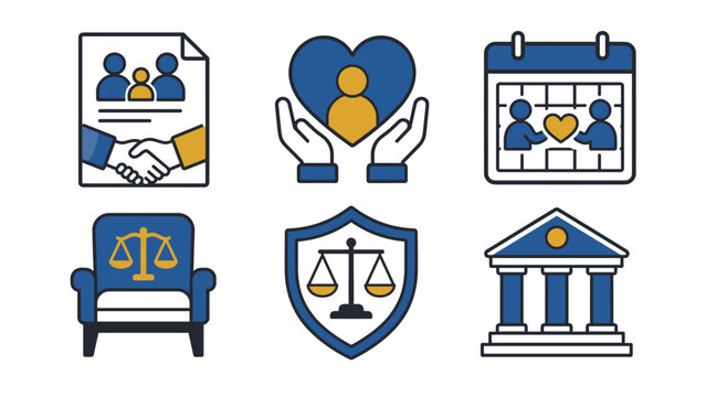 Legal and community support icon set showing a handshake document and caring hands around a heart alongside a calendar balance scales shield and courthouse