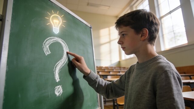 Tracing teenage male student in gray sweater touching chalk question mark on chalkboard, copy space