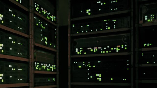 Many server racks stand in a dark data center room with small green lights flickering to show active hardware performance and data processing during the night hours in a secure technology facility