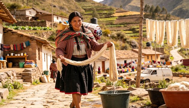 Holding wet skeins Andean weaver in traditional dress drying yarn on village stone path