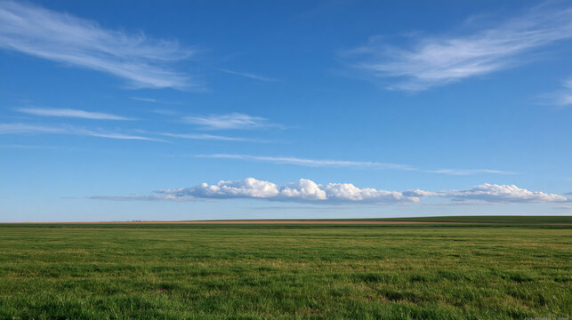 Vast Expanse: A seemingly endless green field stretches towards the horizon under a vast, clear blue sky dotted with wispy white clouds, evoking a sense of freedom and wide-open space.