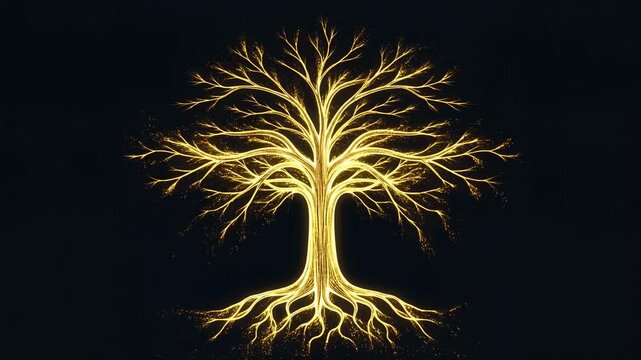 Glowing tree with flickering roots and branches on a dark background. Personal development media, spirituality content, and educational presentations.