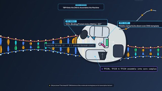 3D Animation Of Messenger RNA Transcription Process Showing DNA Blueprint Transcribed Into Cellular Code By RNA Polymerase Enzyme And Transcription Factors