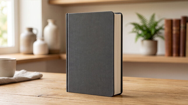 Dark Gray Fabric Book Mockup on Wooden Table. 