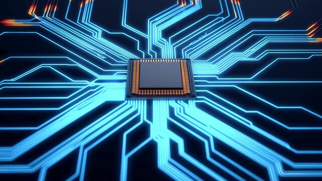 Processor chip sends glowing pulses through electronic circuit pathways on a dark board. Technology presentations, computer hardware advertising, and semiconductor industry communication.