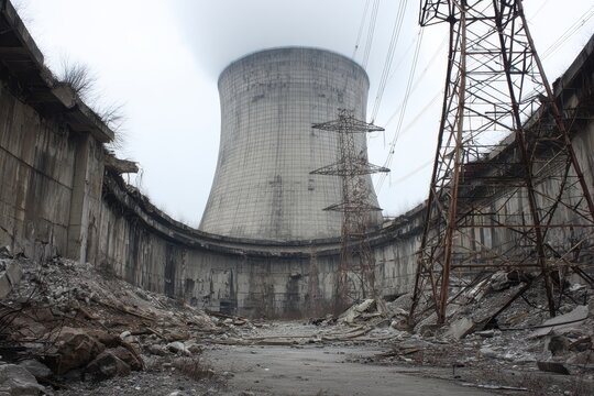 A huge concrete cooling tower emits steam amidst a scene of industrial decay. This portrays industrial decline, energy infrastructure, and environmental impact.