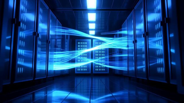 Blue data streams flow through a symmetrical server room corridor. Technology presentations, cloud service advertising, and cybersecurity marketing.