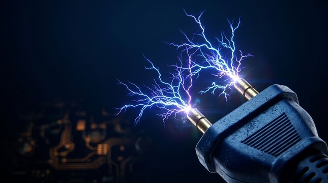 electric power plug discharging glowing blue lightning sparks, symbolizing electrical energy, high voltage, and power supply technology