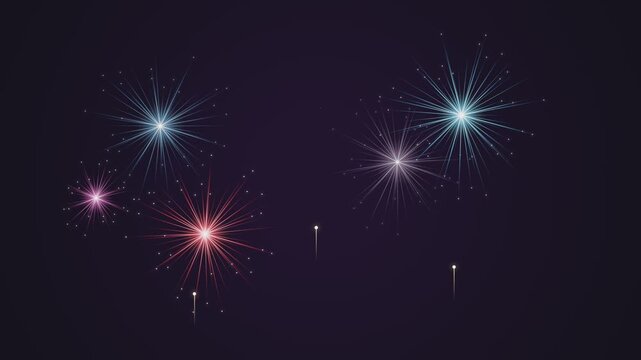 Colorful fireworks bursting in dark night sky vector background for celebration, holiday, festival and event banner design