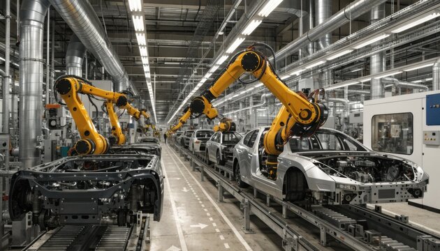 Robotic arms assemble cars on an automated assembly line