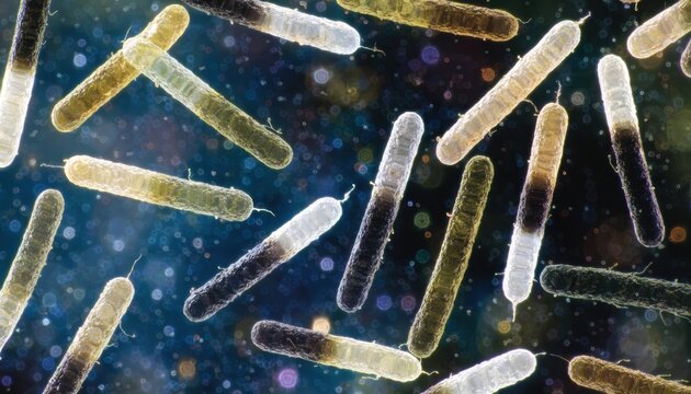 Rod-shaped bacteria with internal dark staining, viewed under a microscope