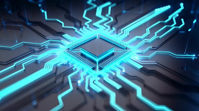 Glowing computer processor sends light pulses through an abstract circuit board. Technology presentations, semiconductor advertising, and artificial intelligence communication.