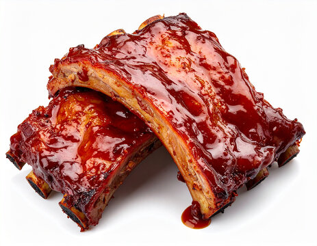Barbequed ribs covered in sauce, white background, closeup. AI