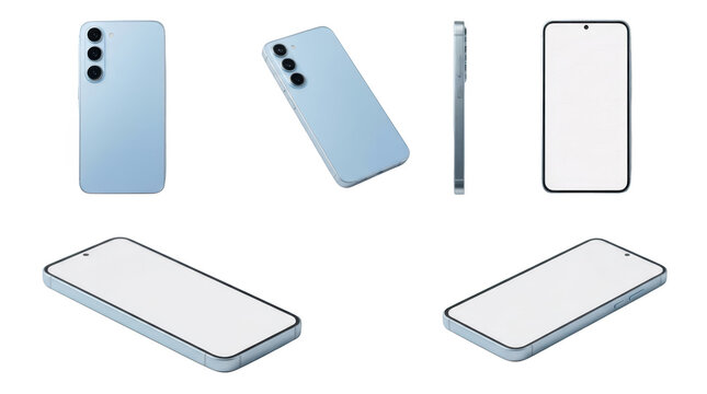 Multiple angles of a light blue smartphone isolated on transparent background