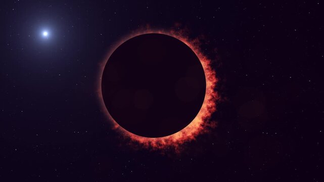 A space-themed animation of a solar eclipse, featuring the dark disk of a celestial body surrounded by a brilliant, fiery glow, set against a deep blue cosmic backdrop scattered with stars. Suitable f