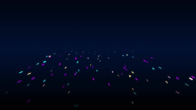 Colorful glowing dashes drifting over dark blue perspective horizon