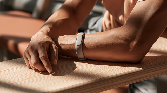 Screenless fitness band on a wrist resting on a wooden bench