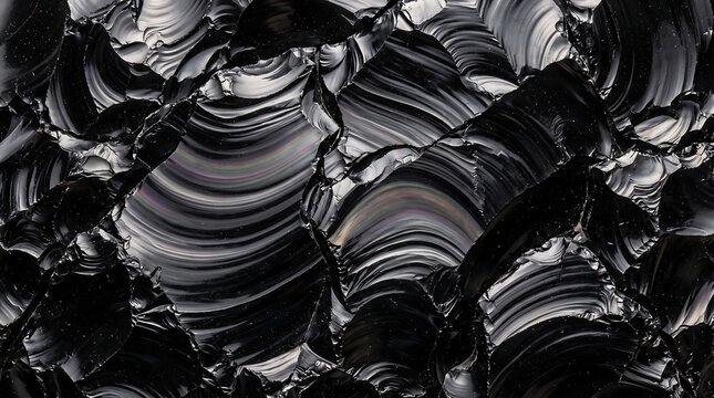 Obsidian stone texture with sharp conchoidal fractures and glossy black volcanic glass surface