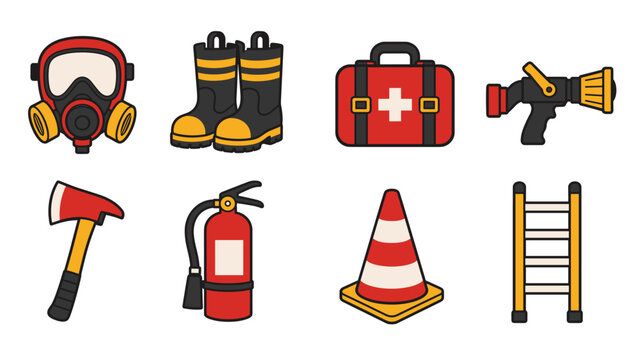 Emergency safety equipment icons arranged in two rows featuring a respirator mask and protective boots alongside a first aid kit and fire extinguisher in flat cartoon style