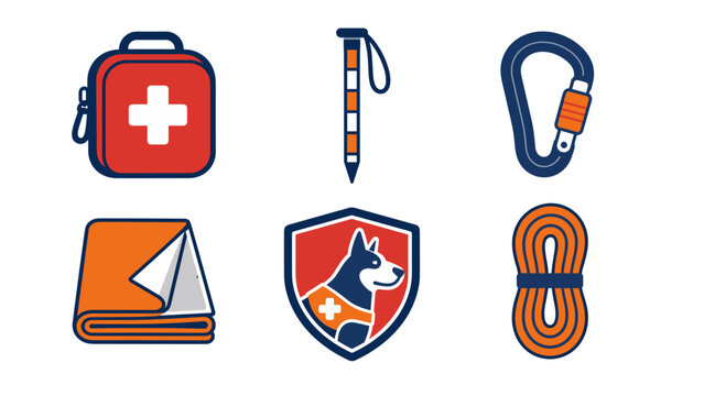 Flat outdoor safety icon set showing a first aid kit and carabiner alongside a folded blanket and coiled rope with a dog rescue shield and striped handheld tool