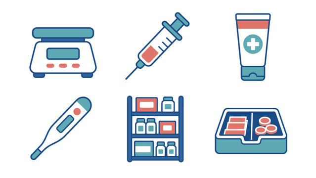Medical supply icons featuring a syringe thermometer digital scale medicine tube pharmacy shelf and pill case arranged in two rows with turquoise coral and navy details in a flat vector style