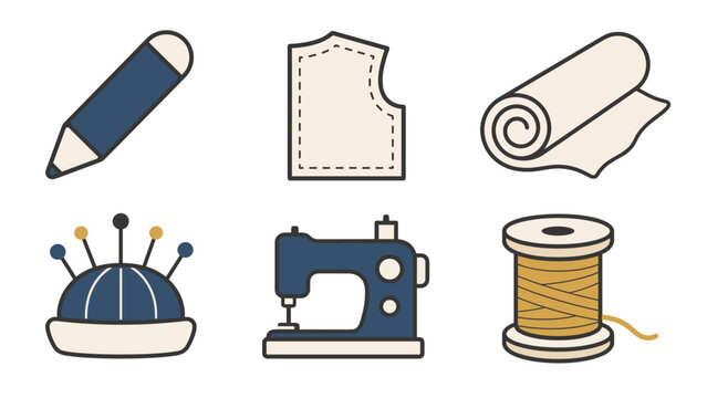 Sewing and tailoring icons in two rows feature a blue pencil beside a pattern piece and rolled fabric above a pincushion and sewing machine with a yellow thread spool on a transparent background