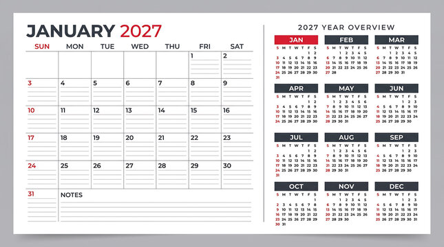Minimalist 2027 monthly calendar page with a clean tabular grid for professional business planning and time management