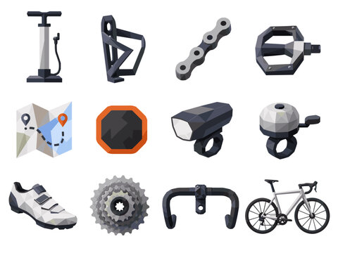 Low poly cycling equipment set in a neat grid featuring a road bicycle alongside a folded route map and an assortment of bicycle components