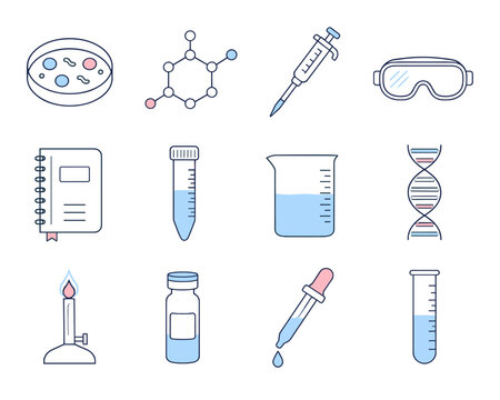 Science laboratory icon set with a petri dish and molecular diagram alongside syringe goggles notebook glassware DNA helix and dropper in navy line art with pale blue and pink accents