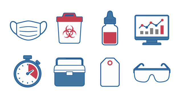 Set of flat workplace health and safety icons arranged in two rows with a face mask biohazard container dropper bottle chart monitor stopwatch handled case blank tag and protective goggles