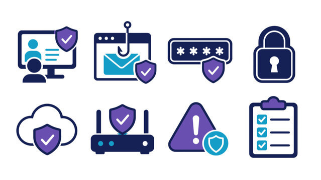 Cybersecurity icon set with account protection email security passwords and a padlock alongside cloud and router shields a warning sign and checklist in flat navy purple and cyan