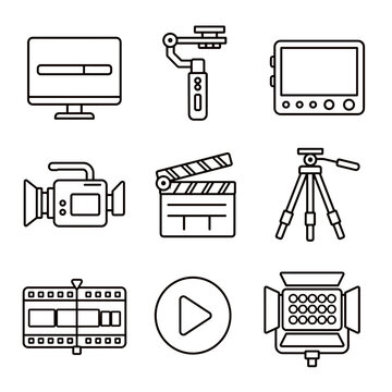 Video production line icon set with a camera stabilizer video camera monitor clapperboard tripod filmstrip play symbol and studio light arranged in a three by three grid