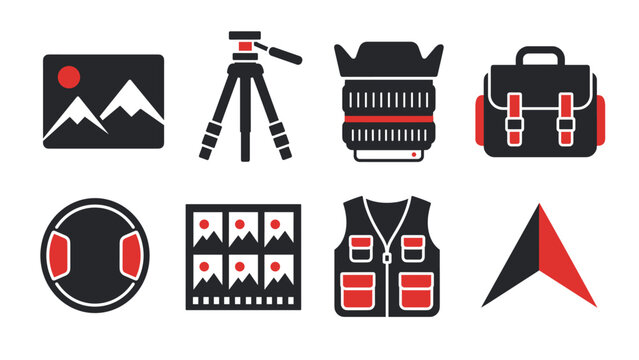 Photography and outdoor equipment icon set featuring a mountain landscape print tripod camera lens backpack headphones utility vest and red black triangular graphic