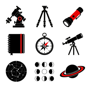 Astronomy and navigation icon set arranged in a three by three grid with telescopes a compass and celestial symbols in bold black red and white flat style
