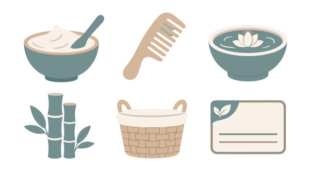 Flat wellness and spa icon set featuring a spoon beside a bowl of cream and a lotus bowl with a wide tooth comb bamboo stems woven basket and botanical card