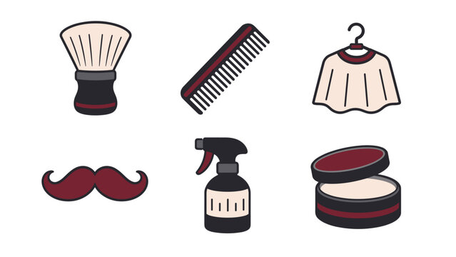 Flat grooming and wardrobe icon set featuring a shaving brush and comb with a hanging shirt curled mustache trigger spray bottle and open cosmetic compact