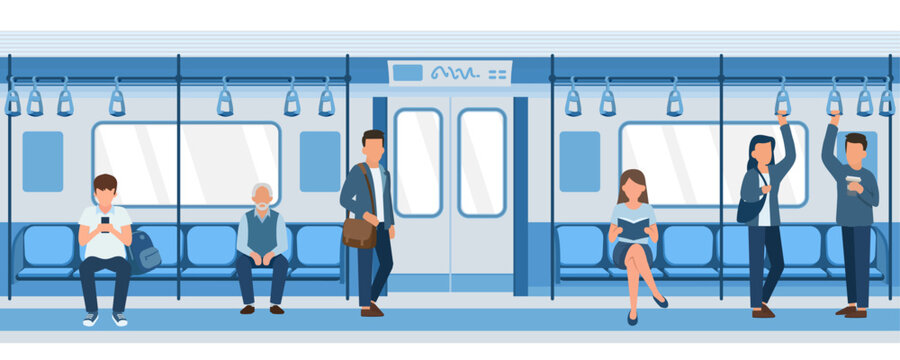 A long, horizontal banner depicting the atmosphere of a subway journey, showing passengers traveling inside a train car equipped with seats and overhead hand grips.
