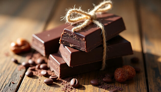 artisanal dark chocolate bars tied with twine rope as a gift with coffee beans on a rustic wooden table in warm sunlight